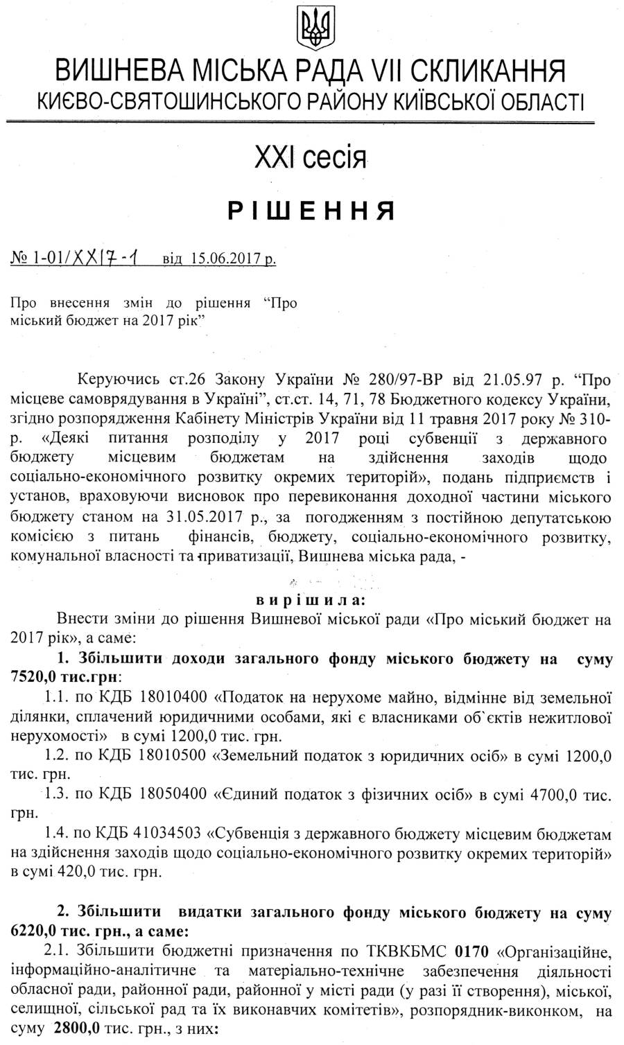 РІШЕННЯ ХХI СЕСІЇ VIІ СКЛИКАННЯ від 15.06.2017 року